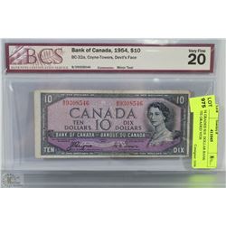1954 GRADED $10  DOLLAR BANK NOTE GRADED VF20
