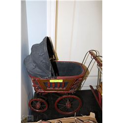 VINTAGE WOODEN DOLL CARRIAGE  - 19"L X 10"W X 20