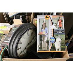 BOX WITH ASSORTED ELECTRONICS, CLOCK AND MORE