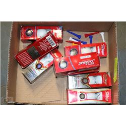 BOX WITH EIGHT 3PK OF GOLF BALLS AND SOME TEES X3