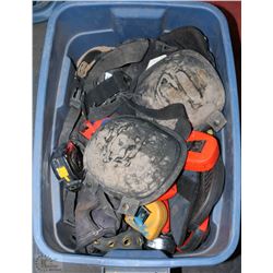 TOTE WITH MANY MEASURING TAPES, LEATHER TOOL BELT,