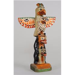 Tom Moses Totem Carved with Thunderbird, Owl, Bear and Wolf 8 1/4" H. 5 3/8" W.  Good Condition