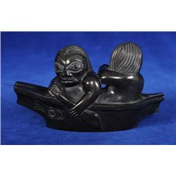 Haida Argillite Canoe with Two Figures Signed Greg Lightbrown 4 1/2" L. 2 1/2" H  Good Condition