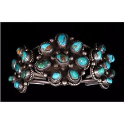 Navajo Silver and Turquoise Cluster Bracelet Signed San Felepe 74  95 GMS 5 3/4" L. 1 1/2" W. 1 1/4"