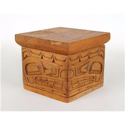 Kwakwaka'wakw Bent Wood Box with Carved Wolf Design by Stewart Webber - Kingcome Inlet, B.C. 9 1/4" 