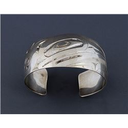 Northwest Coast Silver Bracelet with Incised Design with Initials HG 6" L. 1 1/4" W.  Good Condition