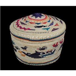 Nuu-chah-nulth Dome Top Basket Decorated with Multiple Figures and Signed on Bottom E. Happynook 6" 