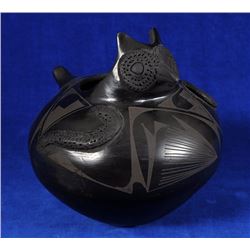 Mata Ortiz Blackware Pottery Owl Bowl Signed Jose Quzada 7" D. 7" H.  Good Condition