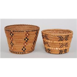 Salish Basket with Imbricated Design and Crenulated Rim 7 3/4" D. 6" H. and Mt. Currie Basket with I