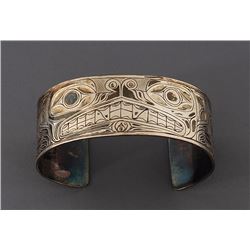 Northwest Coast Silver Bracelet with Incised Wolf Design by Ray Wesley - Ahousaht, B.C. 5 7/8" L. 1"