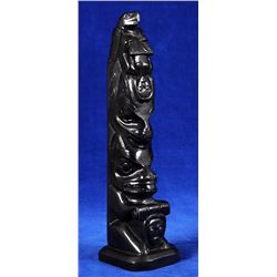 Claude Davidson Argillite Totem Carved with Five Figures 9" H. 2 1/4" W.  Good Condition
