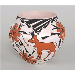 Acoma Polychrome Jar with Painted Pronghorn Antelope and Floral Design 6 1/2" D. 6" H.  Good Conditi