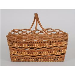 Fraser River Salish Openwork Basket with Handles and Imbricated Geometric Design 13 1/2" L. 6" W.  G