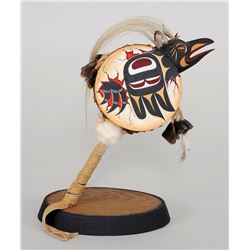 George Hunt Rattle with Carved Raven Head 11" H. 4 1/4" W.  Good Condition WILL NOT SHIP OUTSIDE CAN