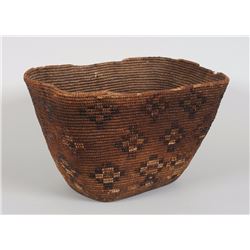 Early Lillooet Burden Basket with Diamond Imbricated Design 17" L. 13" W. 11" H.  As Is