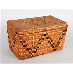 Salish Lidded Basket with Chevron Imbricated Design16" L. 10" W. 9" H.  Good Condition