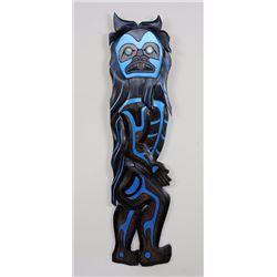Carved Cowichan Sasquatch Panel by Linda Jack 46" H. 11" W.  Good Condition