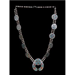 Navajo Inlaid Necklace with 162 Handmade Silver Beads with Naja 2 3/8"x 2 3/4" and 19 Circular Medal