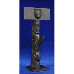 Doug Wilson Argillite Totem Carved with Three Figures 1974  9 3/4" H. 4 5/8" W.  Good Condition