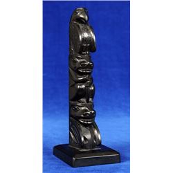 Ed Caulder Argillite Totem Carved with Eagle, Bear and Wasco 6 3/8" H.  Good Condition