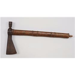 Plains Iron Pipe Tomahawk with Metal Tacked Wood Haft 19 1/2" L. 10" W.  Good Condition