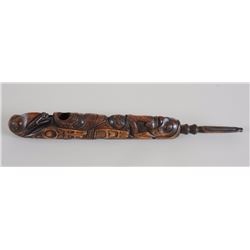 Finely Carved Tsimshian Wood Pipe with Wild Man, Raven and Frog by Robert Jackson 19" L.  Good Condi