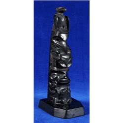Rufus Moody Argillite Totem Carved with Raven,  Raven Holding a Frog and Human with Crying Eyes and 