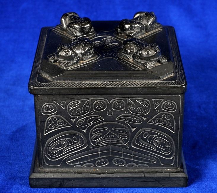 Argillic Box Claude Davidson Argillite Box with Carved Design On Sides and Four ...