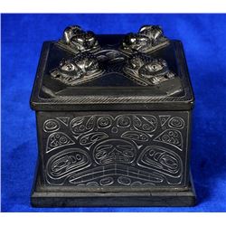 Claude Davidson Argillite Box with Carved Design On Sides and Four Frogs On Lid 4 3/4"x 5" 4 1/4" H.