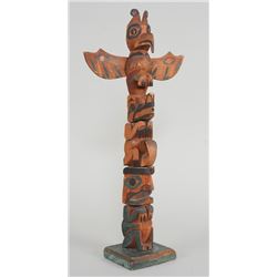 Nuu-chah-nulth Totem Carved with Thunderbird, Wolf and Human ca. 1920's 21 1/2" H. 10" W.  Good Cond