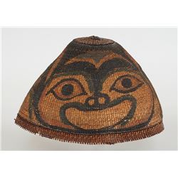 Nootka Hat with Painted Face Design ca. 1880  12" D. 7 1/2" H.  Fair Condition