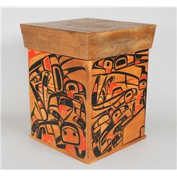 Gitskan Bent Wood Box with Different Painted Design on Each Side by Vernon Stevens 22" H. 17" Sq.  G