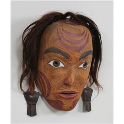 Northwest Coast Carved Copper Woman Mask with Two Coppers, Has Been Danced 11" H. 8" W.  Good Condit