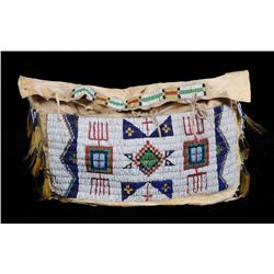 Early Cheyenne Beaded Possible Bag with Geometric Design and Decorated with Tin Cones 10 x 14   Good