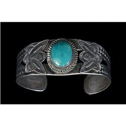 Navajo Silver and Turquoise Bracelet with Stamped Design 33 GMS 6" L. 1" W. 1" W. Gap  Good Conditio