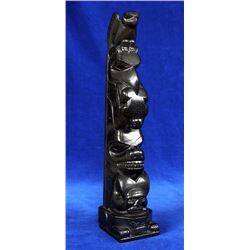 Tom Hans Argillite Totem Carved with Eagle, Raven Holding a Frog and Wasco Holding a Frog on a Frog 