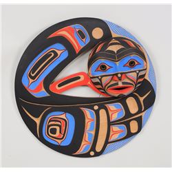 Nuu-chah-nulth Carved Raven Stealing the Moon Panel by Pat Amos 24" D.  Good Condition