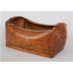 Tlingit or Haida Cedar Feast Bowl with Bulging Sides, Inlaid Rim, Pegged Corners and Base with Beave
