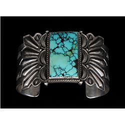Navajo Silver and Green Spider Web Turquoise Bracelet with Stamped Design and Finely Twisted Wire Ma
