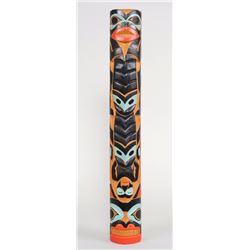 Northwest Coast Totem Carved with Strong Man Splitting Sea Lion, Sea Lion Biting Uncle and Sea Lion 