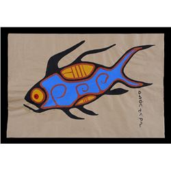 Norval Morrisseau Painting of a Sacred Salmon, Acrylic on Paper ca. 1965  24"x36"  Good Condition