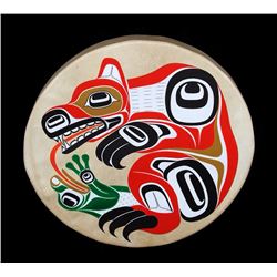 Haisla Painted Drum with Bear and Frog Design by David Wilson 20"x 21 1//2"  Good Condition