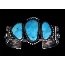 Navajo Silver and Kingman Turquoise Bracelet Set with Three Stones and Finely Twisted Wire and Raind