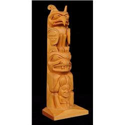 Henry Robertson Yellow Cedar Totem Carved with Thunderbird and Grizzle Bear Holding Human 14" H. 5" 