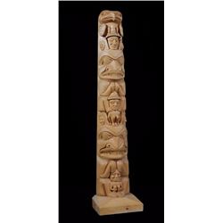 Henry Robertson Yellow Cedar Totem Carved with Eagle, Brother Bear, Bear Mother and Child 33" H. 7 1