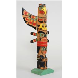 Northwest Coast Carved Three Figure Totem Attributed to Phillip Nelson 13" H. 6 1/4" W.  Good Condit