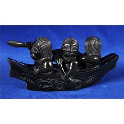 Haida Argillite Canoe with Three Figures - Greg Lightbrown 8" L. 3 3/4" H  Good Condition