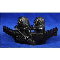 Haida Argillite Canoe with Two Figures Signed Greg Lightbrown 5 3/4" L. 3" H  Good Condition