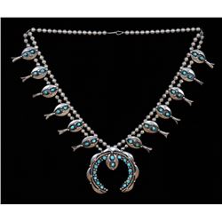 Navajo Silver and Turquoise Squash Blossom Necklace Signed F. Sandoval ca. 1960  29" L. Naja 3"x 3 3