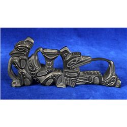 Lionel Samuels Argillite Panel Pipe Carved with Wolf, Frog and Two Ravens 9" L. 4" H.  Fine Conditio